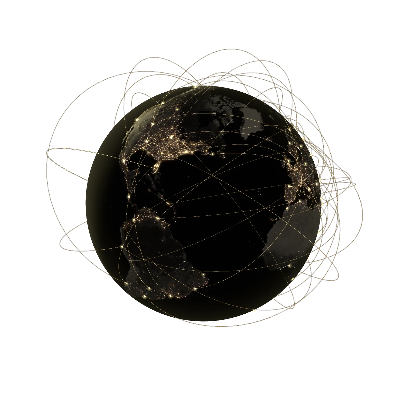 Earth seen from the night side, city lights on and transfers crossing the planet