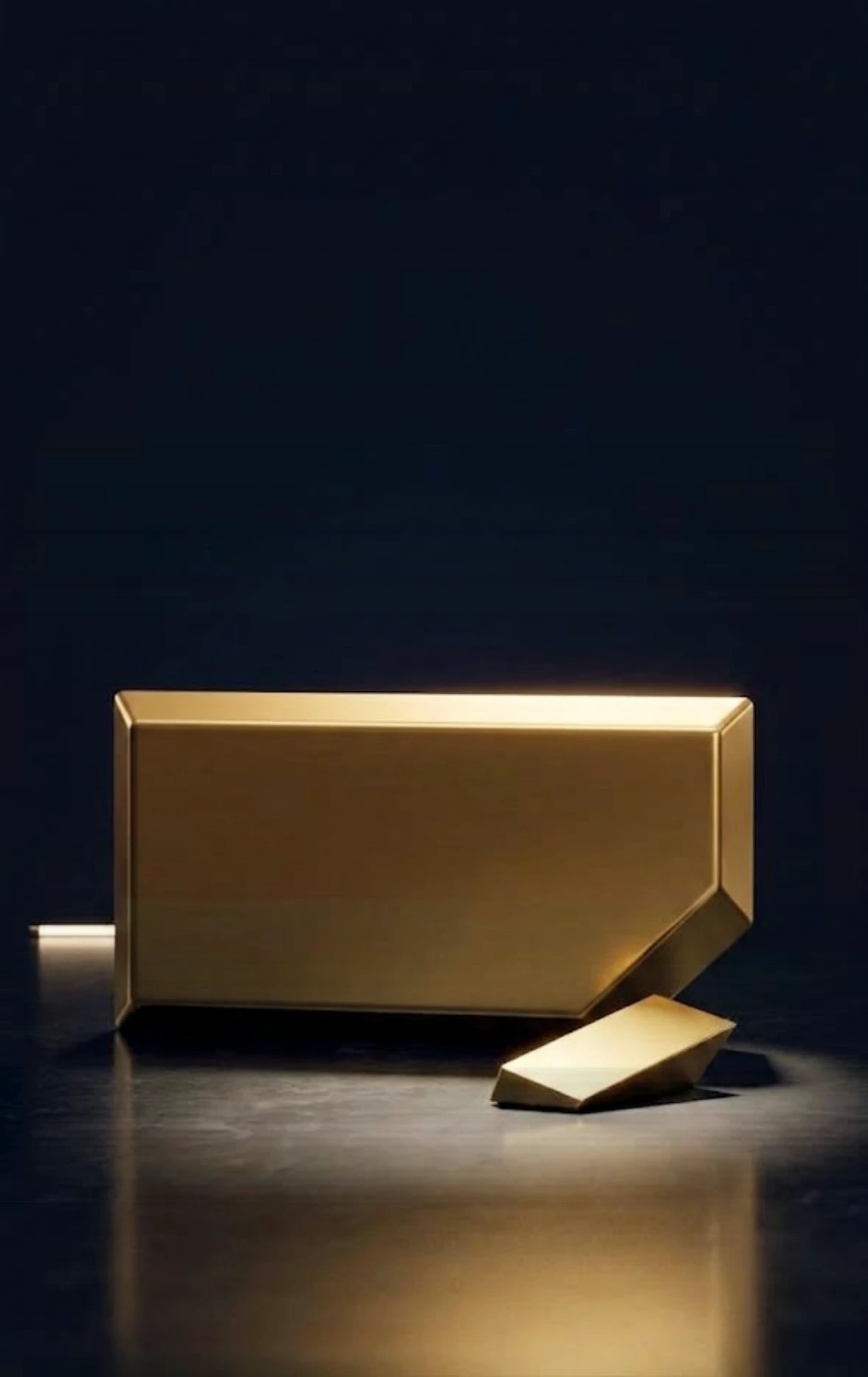 A gold block with one slice cut out and taken away from the top. Straight cut, light from one side only, no soft glow