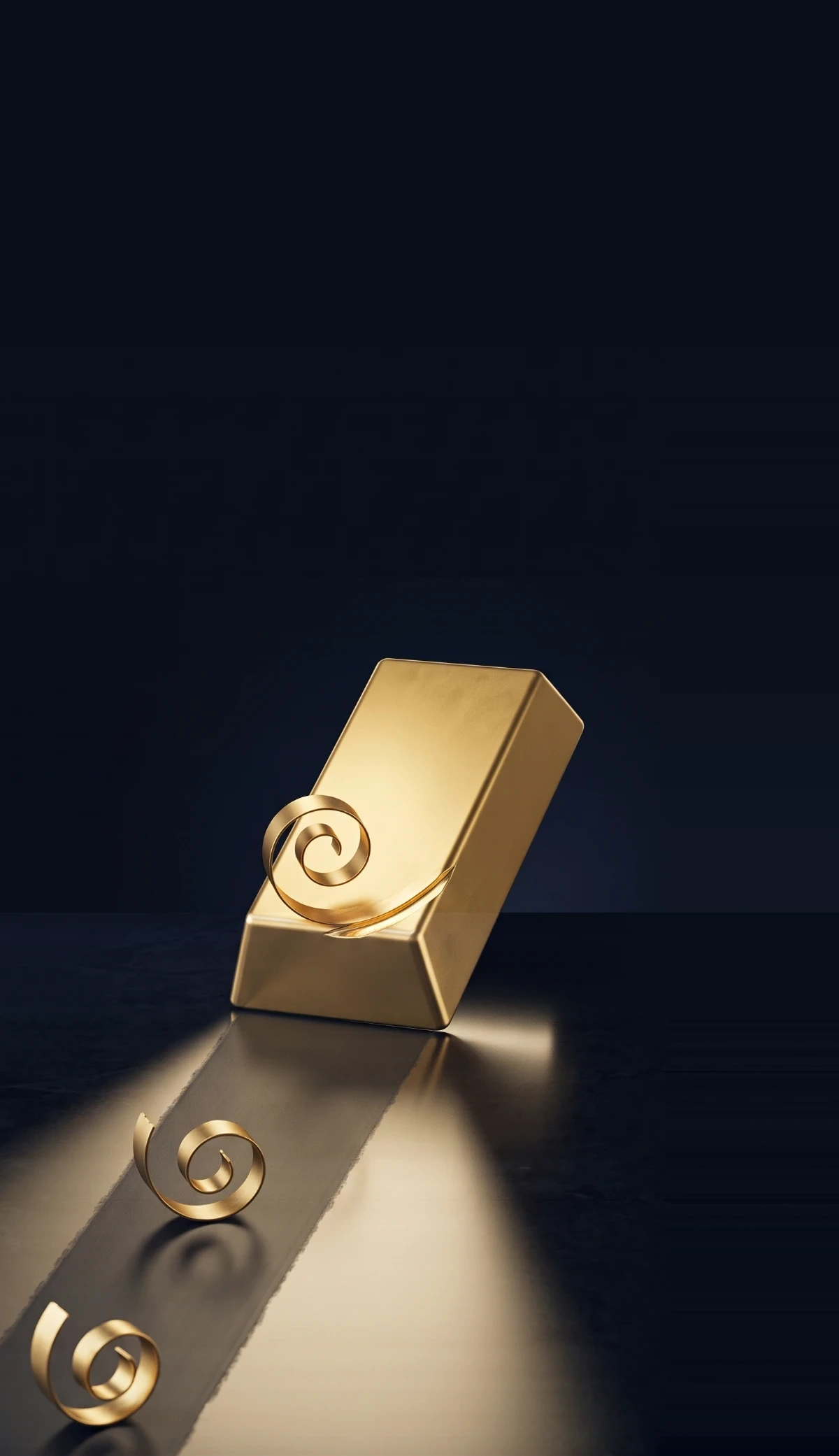 A gold ingot sliding at speed, shedding curls of metal along the way, and the matte scraped floor behind it